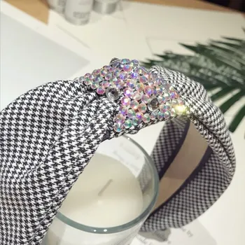 High-end butik, pribor za lase sladko houndstooth diamant v sredini vozel vozlane široko-brimmed hairband glavo za ženske