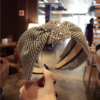 High-end butik, pribor za lase sladko houndstooth diamant v sredini vozel vozlane široko-brimmed hairband glavo za ženske