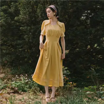 Tovarniško francoskem slogu dolgo šivanje čipke retro žensko obleko visoko pasu je tanka, ruffles šivanje počitnice obleko wq2051