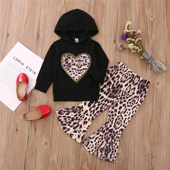 Moda Za Dekleta, Ljubezen, Srce Long Sleeve Hooded Vrh Hoodies Leopard Tiskanja Hlače Obleko Jesen Pomlad Chil Dekle Nastavite Obleke