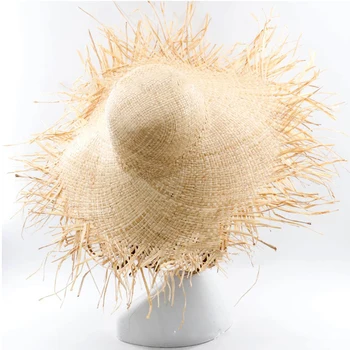 Ročno izdelani ženski slamnik nedelja klobuk z velikim široko roba za dekleta visoko kakovost naravnega rafija, Panama plaža počitnice sonce klobuk, kapa