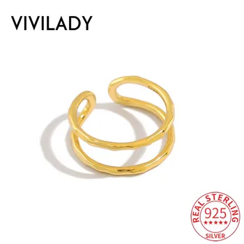 VIVILADY Odprl Minimalističen Obroč Dvojno Plast Okrogle Line Pravi 925 Sterling Silver Za Ženske Rojstni Trendy Fine Nakit