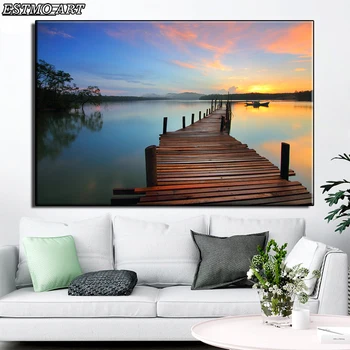 Platno slikarstvo seascape plakat Sunset večer Lesenega mostu pogledom na Jezero Plakat Salonu Spalnica Dekorativne Stenske Umetnosti Slike