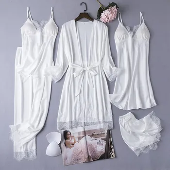 5PCS Haljo Določa Ženske Sleepwear Saten Poročne Poročno Darilo More Priložnostne Kimono kopalni plašč Obleke Intimno Perilo Nightgown