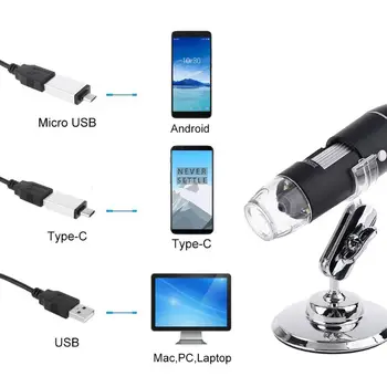 3-v-1 1600X USB Mikroskop OSX, Windows PC Tipa C Mikro-USB Mobilni Telefon Lupo