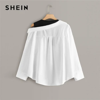 SHEIN Plus Velikost Beli Kontrast Plošči Asimetrični Vratu Bluzo Ženske Vrhovi Jeseni Žep Colorblock O-Vratu Priložnostne Vrh Bluze