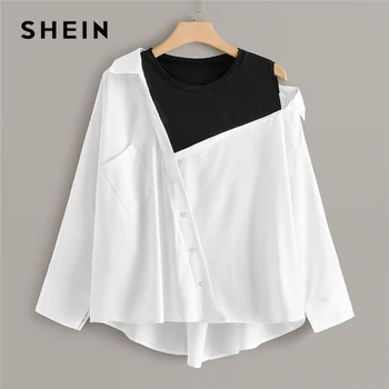 SHEIN Plus Velikost Beli Kontrast Plošči Asimetrični Vratu Bluzo Ženske Vrhovi Jeseni Žep Colorblock O-Vratu Priložnostne Vrh Bluze