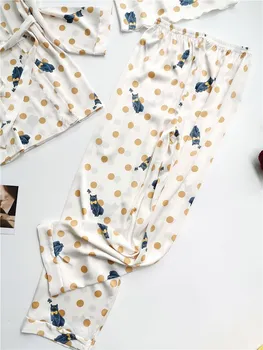 Bela Pika Tiskanja Sleepwear Set 3-Kos Svile Visoke Kakovosti Pijamas Mujer Dolg Rokav Spanja Vrhovi Udobno Žensk Homewear Nighty