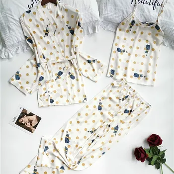 Bela Pika Tiskanja Sleepwear Set 3-Kos Svile Visoke Kakovosti Pijamas Mujer Dolg Rokav Spanja Vrhovi Udobno Žensk Homewear Nighty