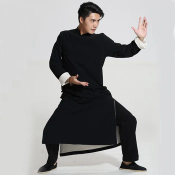 Črni Kitajski Moški Crosstalk Skica Podajanja Uspešnosti Oblačila Dolgo Bombažno Obleko Haljo Obleke Dve Strani Kung Fu Tai Chi Vrhovi