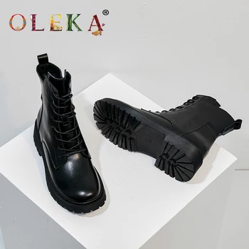 OLEKA Usnjeni čevlji za Pomlad/jesen Čevlji Platform Rimu Krog Toe Ženske Škornji Nevtralni Slog Punk Toplo Kratek Plišastih Nove Čevlje 2020